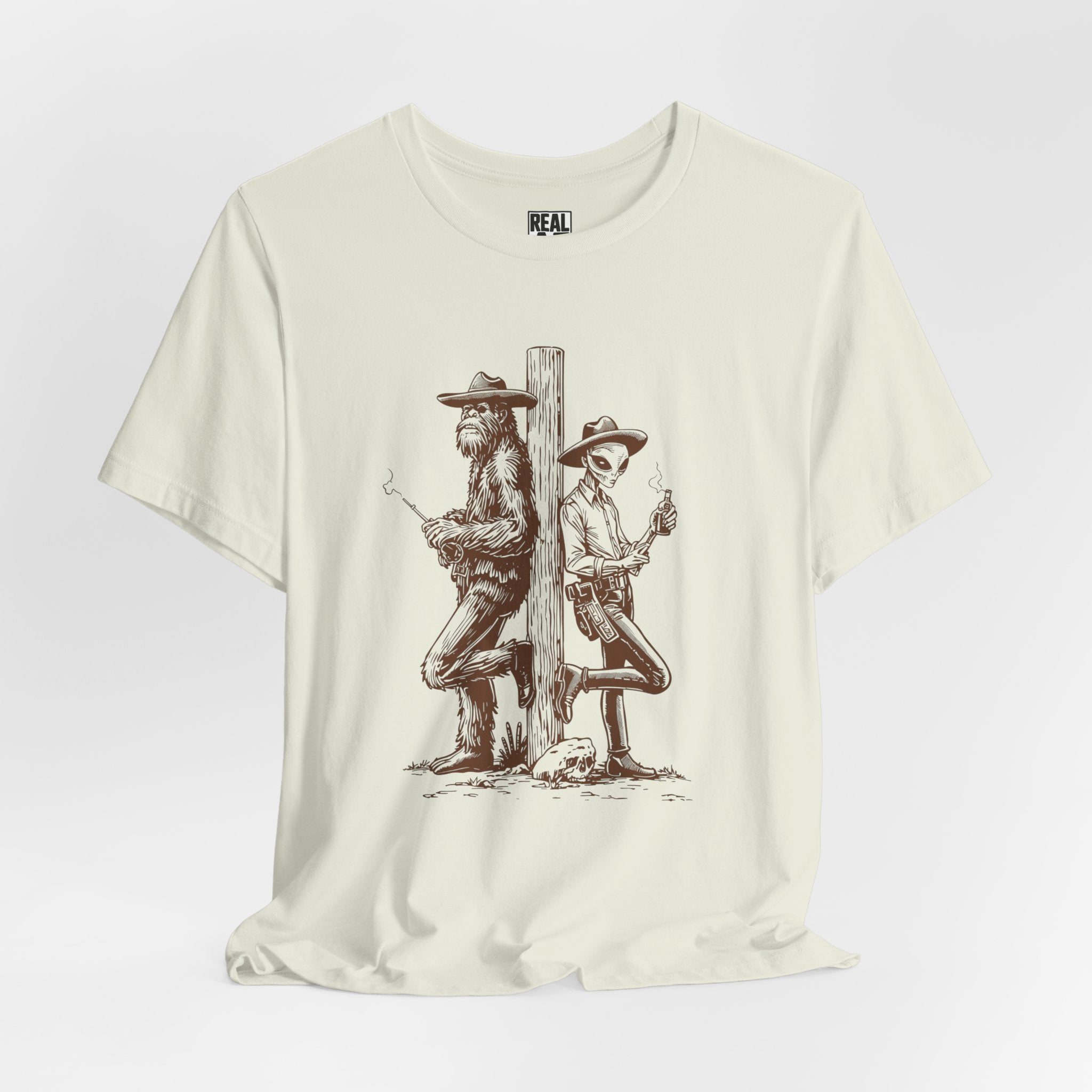Bigfoot and Alien Cowboy Smoke Break T‑Shirt