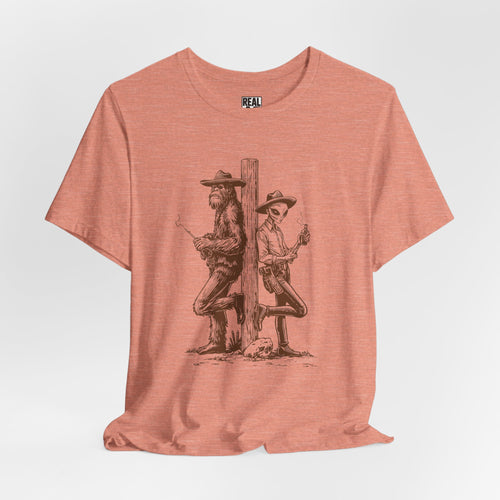 Bigfoot and Alien Cowboy Smoke Break T‑Shirt