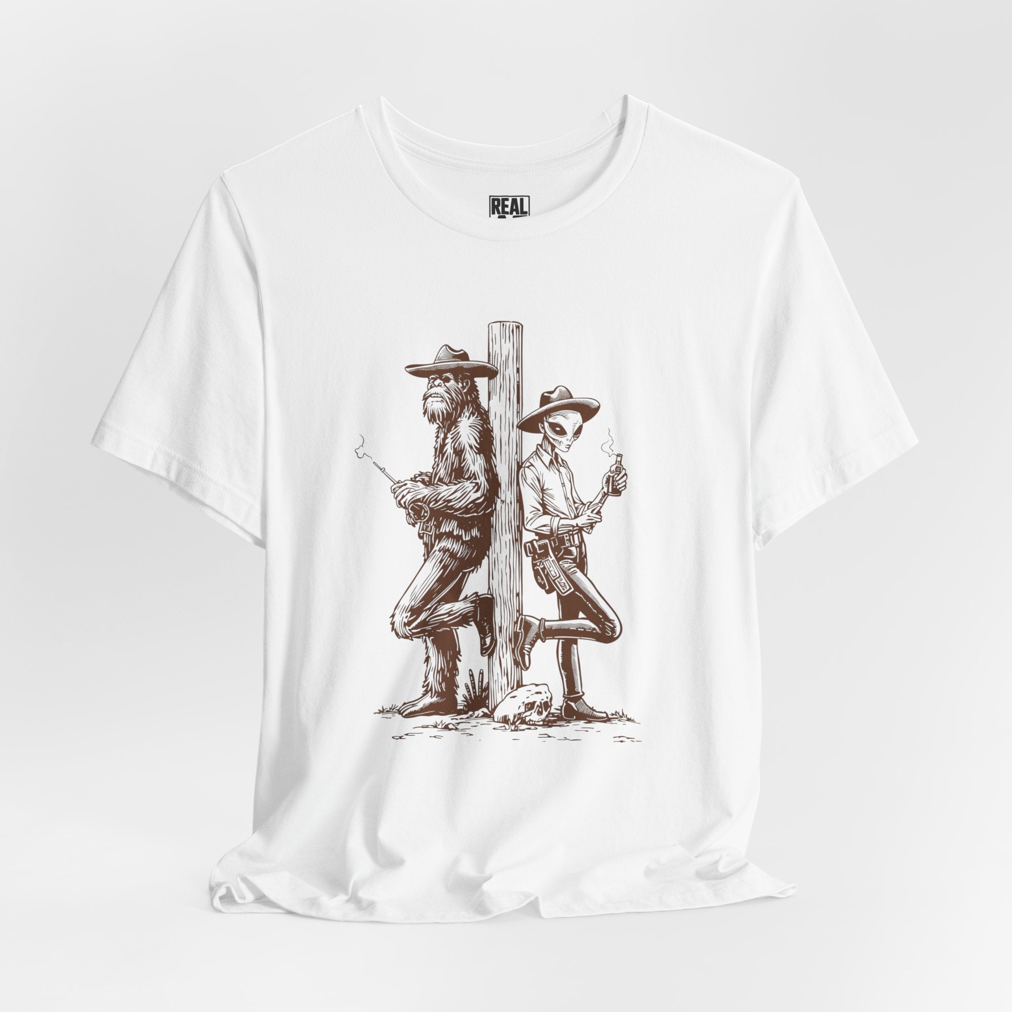Bigfoot and Alien Cowboy Smoke Break T‑Shirt