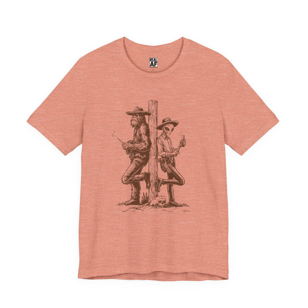 Bigfoot and Alien Cowboy Smoke Break T‑Shirt