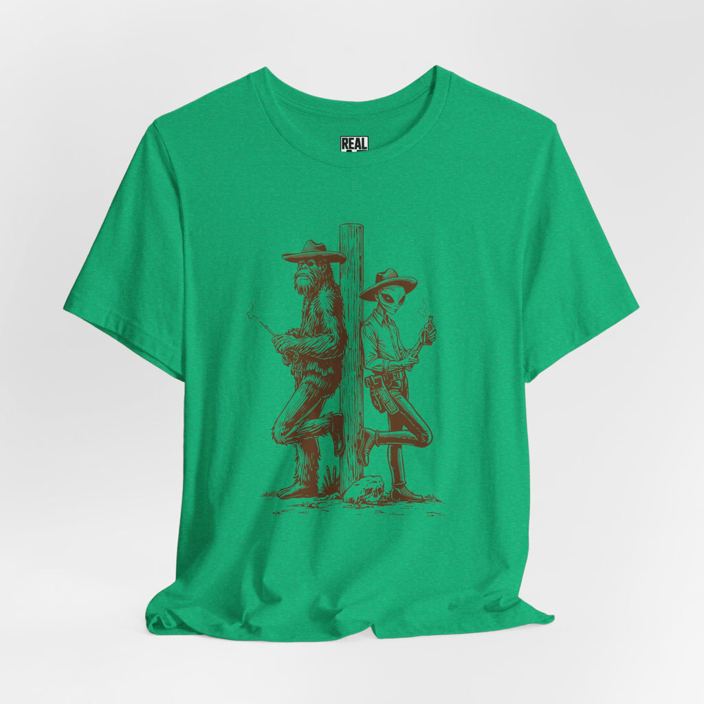 Bigfoot and Alien Cowboy Smoke Break T‑Shirt