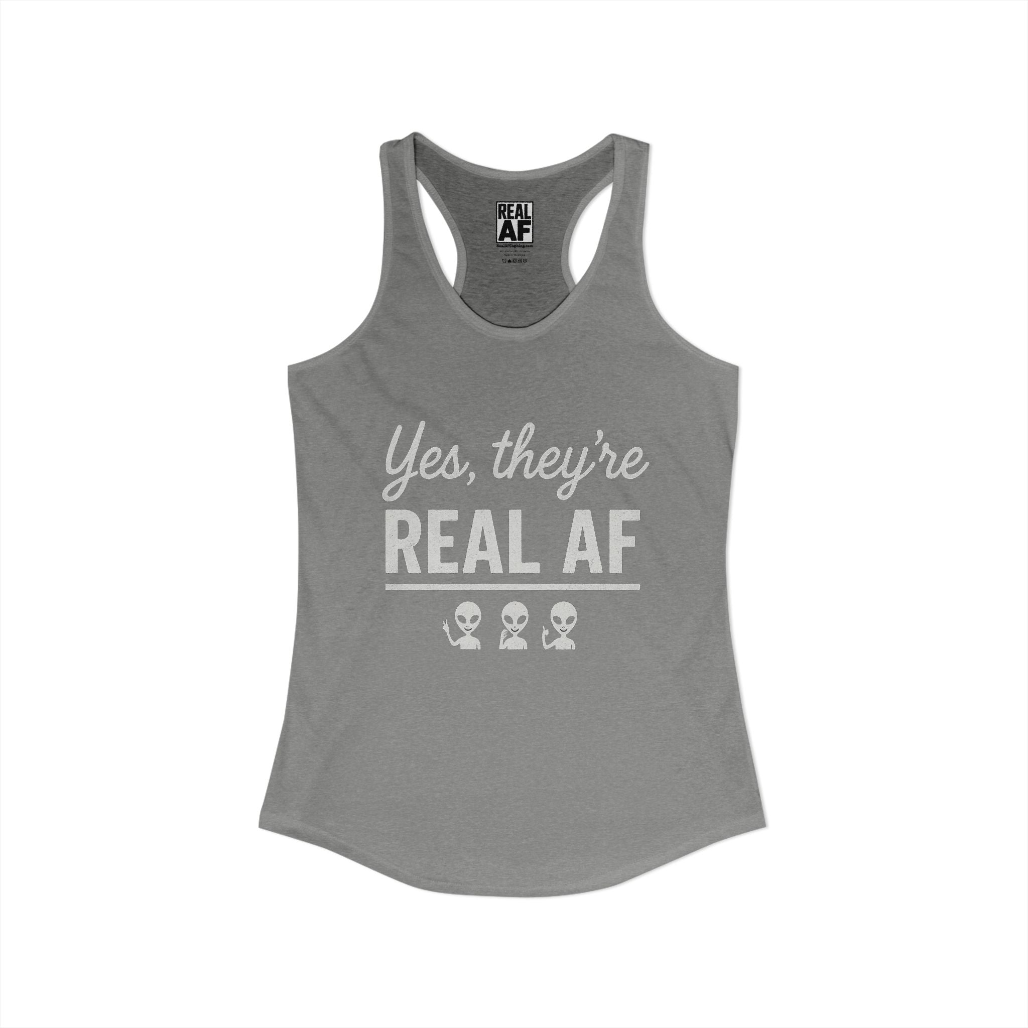 Alien Print Women's Tank Top, Real AF Inuendo Graphic Sleeveless Shirt, Funny Alien Lover Gift, Ideal Racerback Tank for Women, UFO Graphic