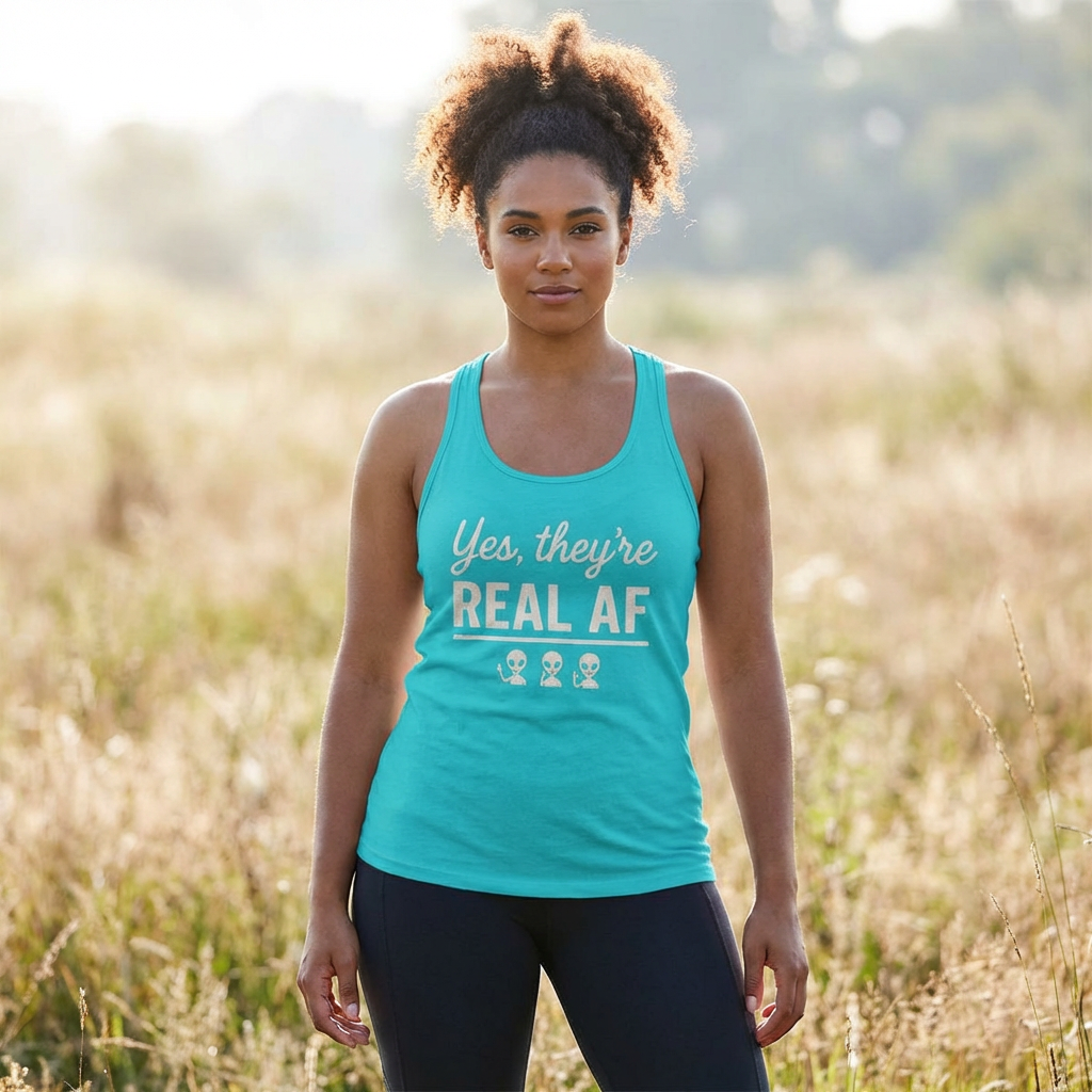 Alien Print Women's Tank Top, Real AF Inuendo Graphic Sleeveless Shirt, Funny Alien Lover Gift, Ideal Racerback Tank for Women, UFO Graphic