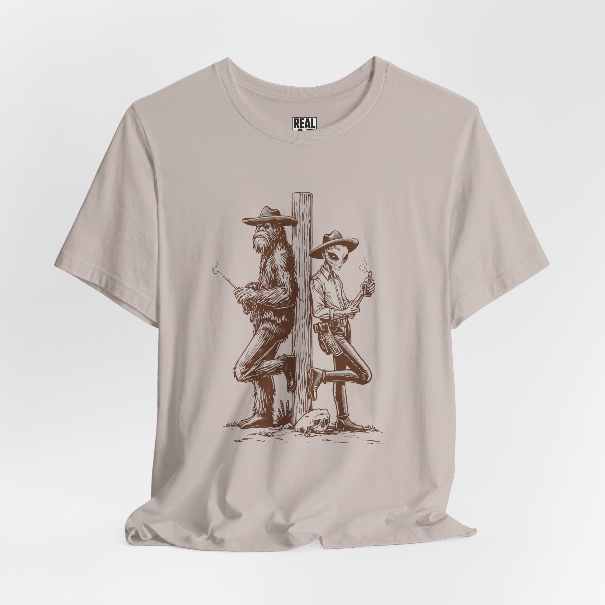 Bigfoot and Alien Cowboy Smoke Break T‑Shirt
