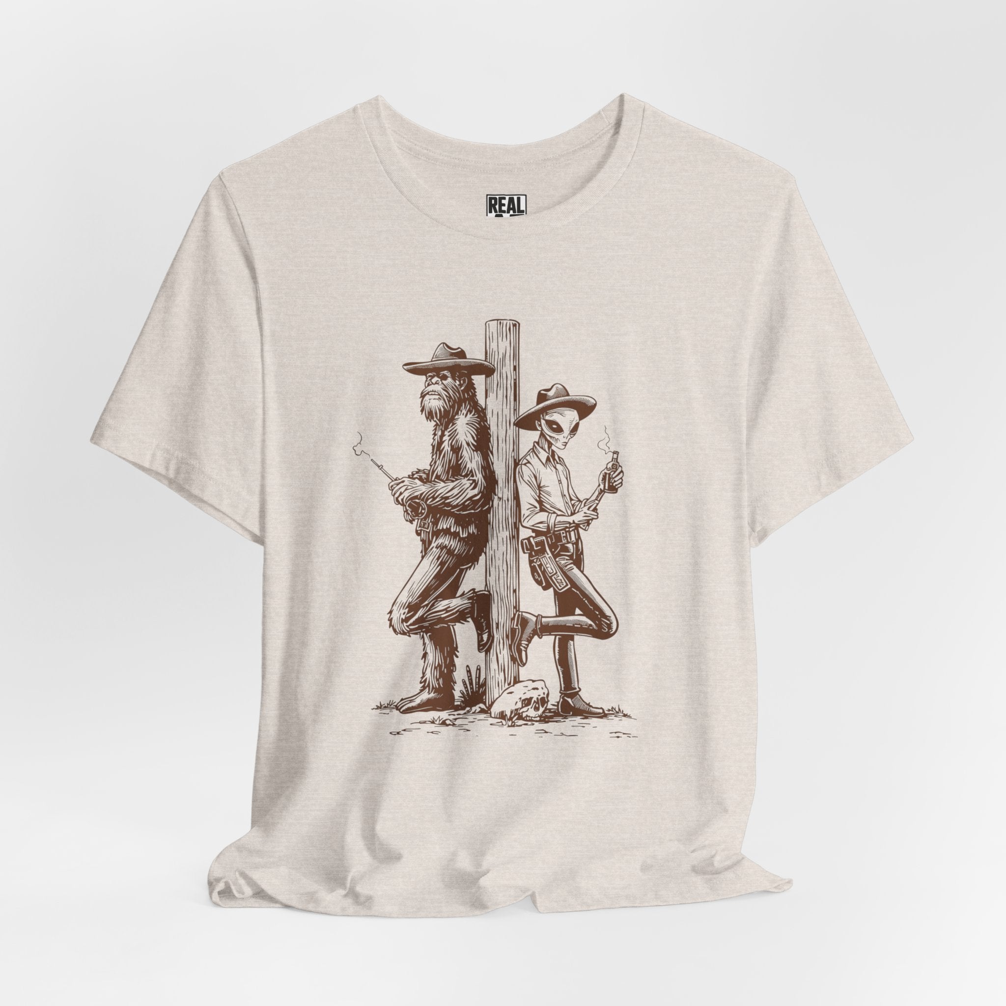 Bigfoot and Alien Cowboy Smoke Break T‑Shirt