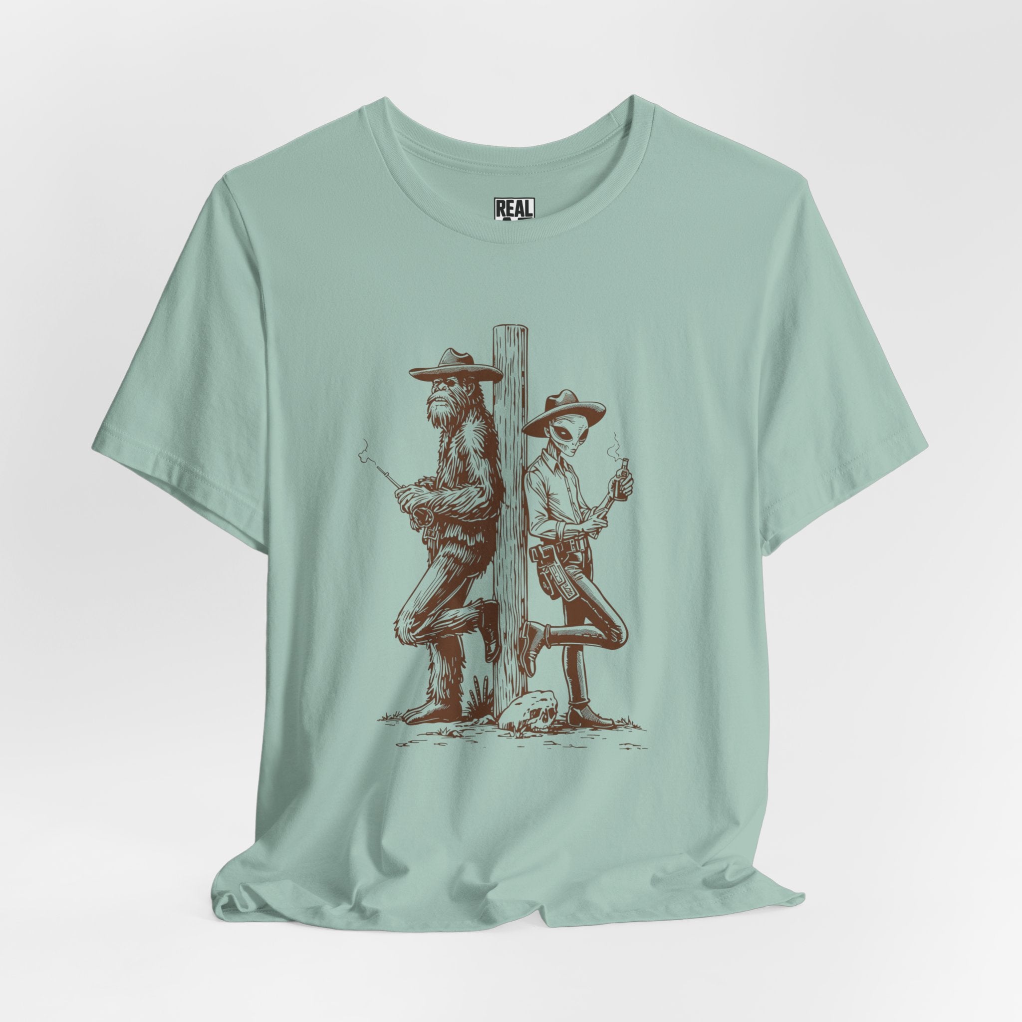 Bigfoot and Alien Cowboy Smoke Break T‑Shirt