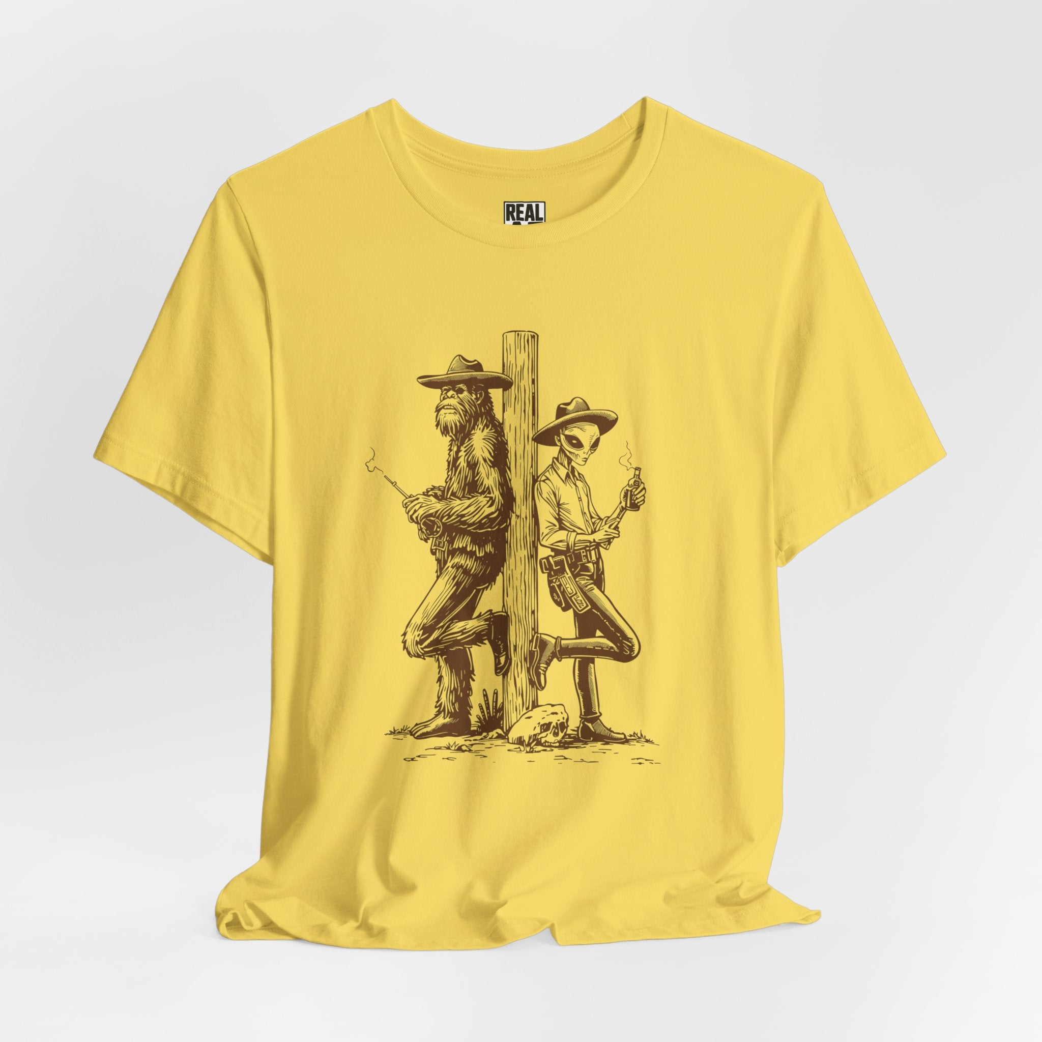 Bigfoot and Alien Cowboy Smoke Break T‑Shirt