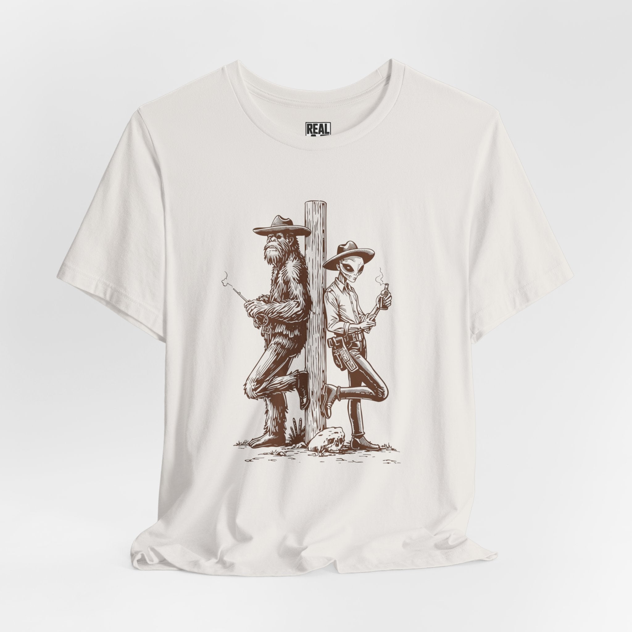 Bigfoot and Alien Cowboy Smoke Break T‑Shirt