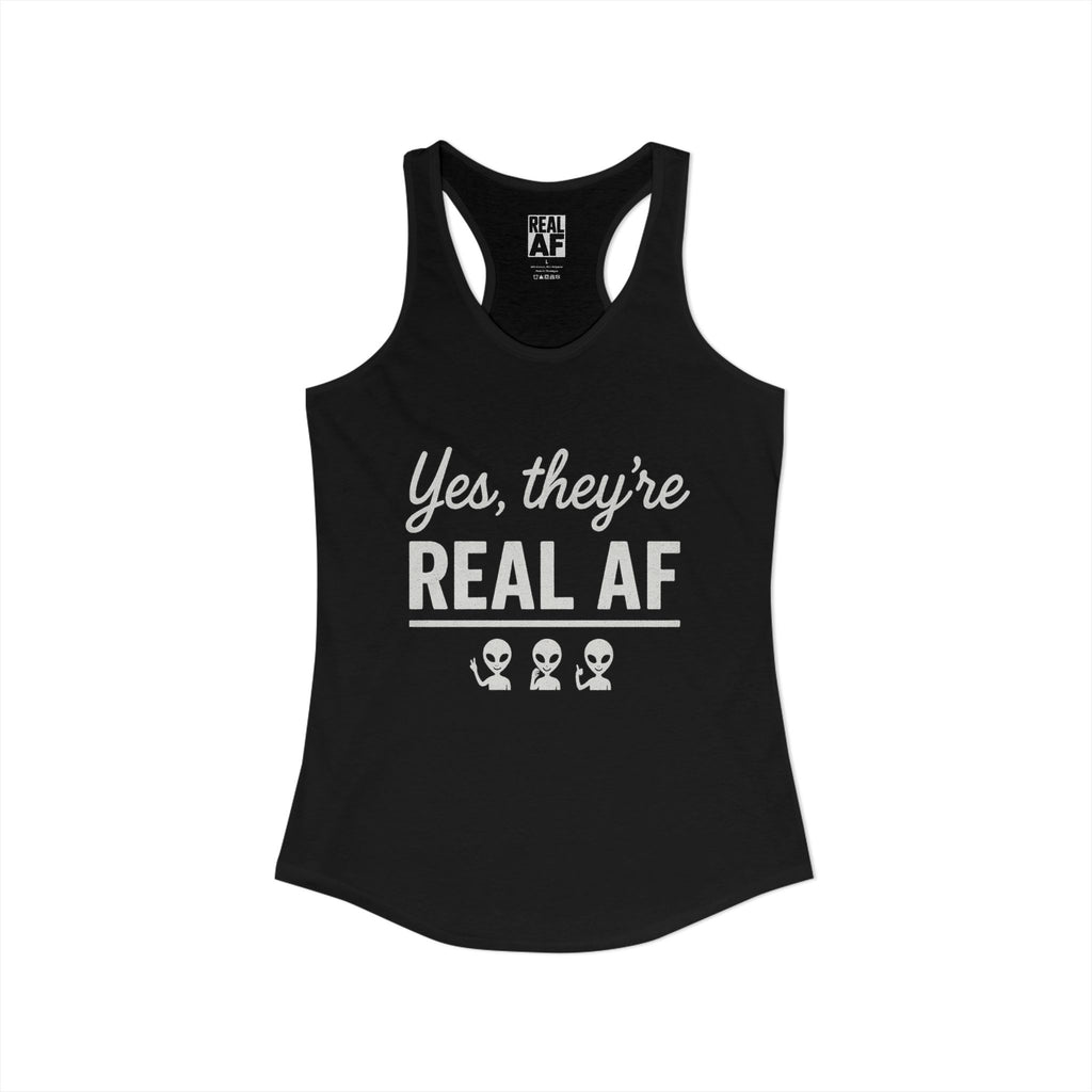 Alien Print Women's Tank Top, Real AF Inuendo Graphic Sleeveless Shirt, Funny Alien Lover Gift, Ideal Racerback Tank for Women, UFO Graphic