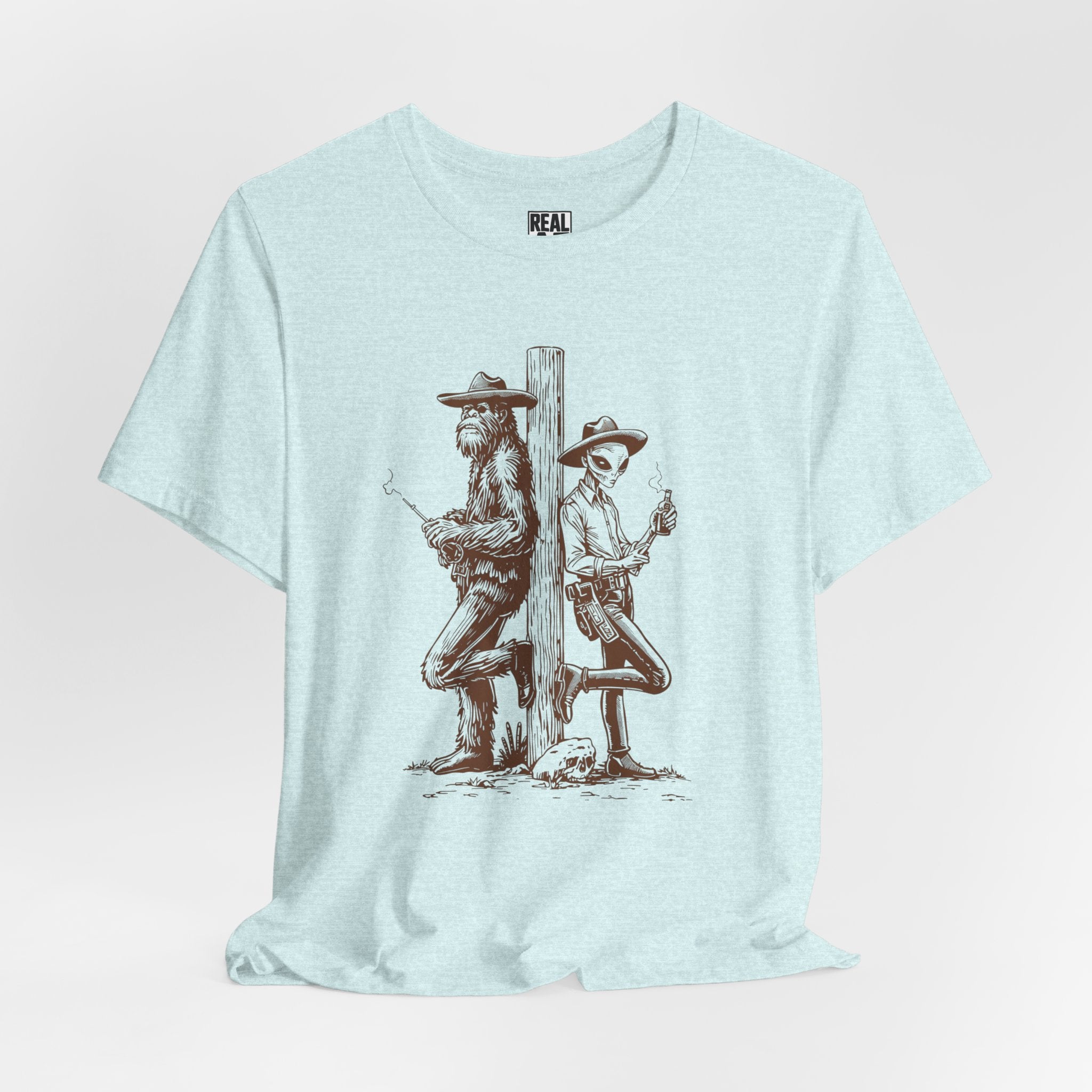 Bigfoot and Alien Cowboy Smoke Break T‑Shirt