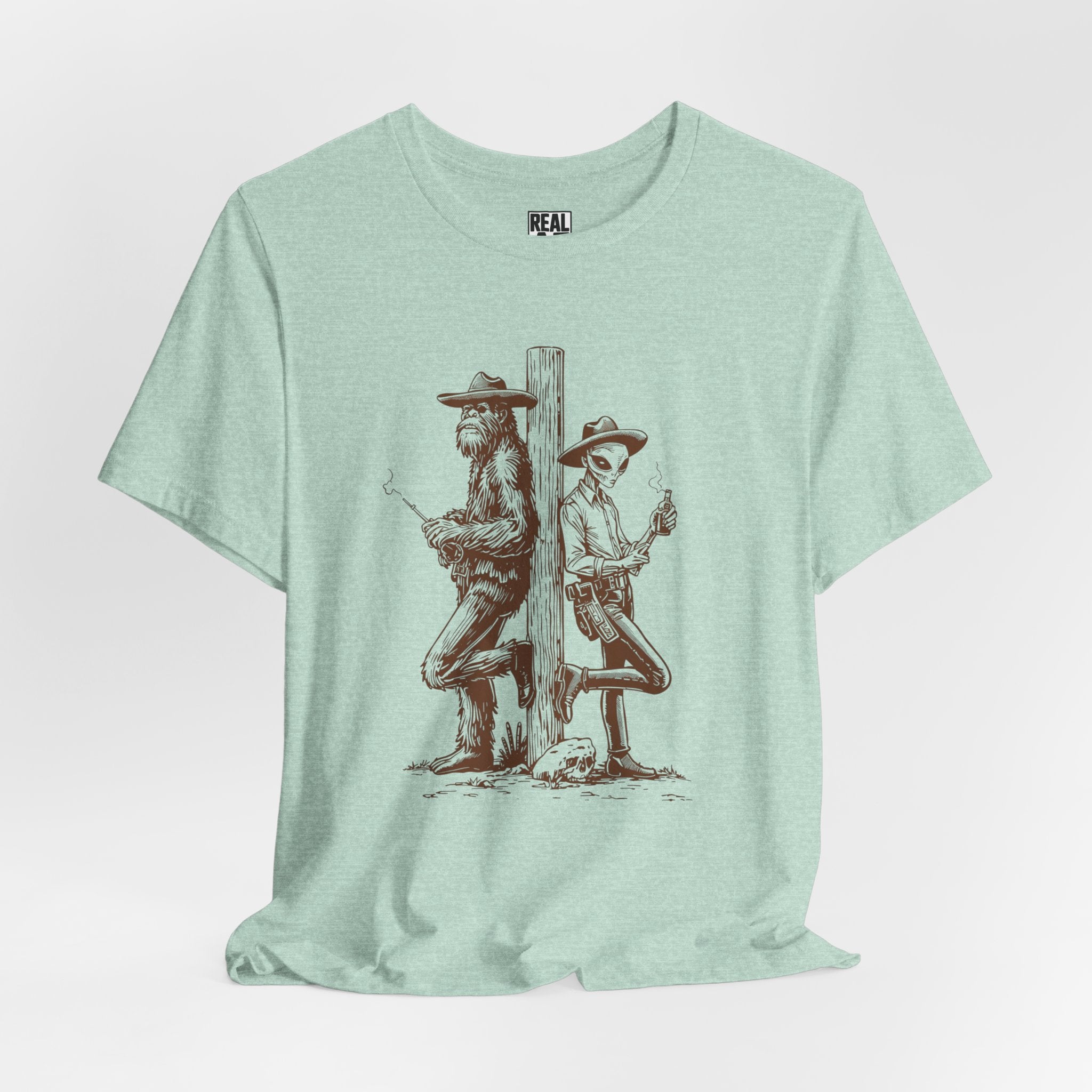 Bigfoot and Alien Cowboy Smoke Break T‑Shirt